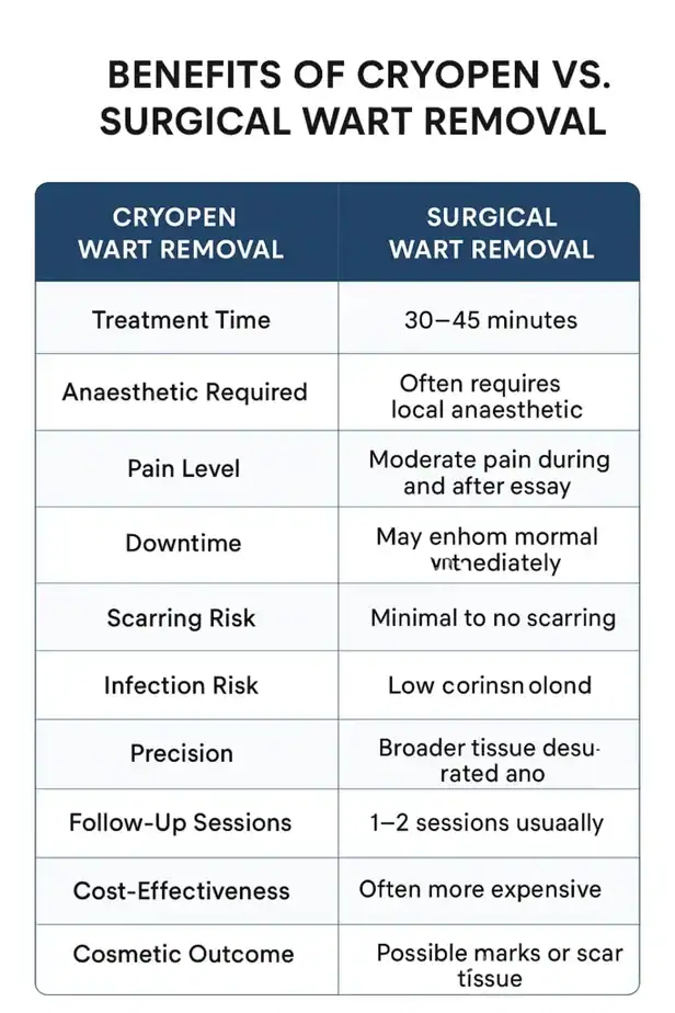 Table showing the benefits of cryopen to remove warts Rushden compared to surgical treatment