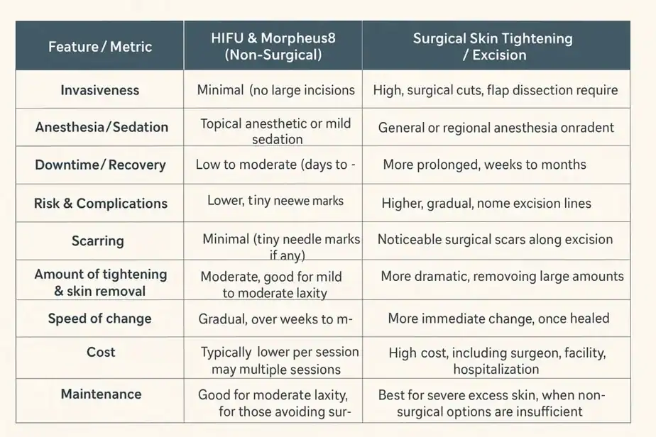 Table showing benefits of Lipo Freeze 2 U Rushden treatments for skin tightening following weight loss injections.